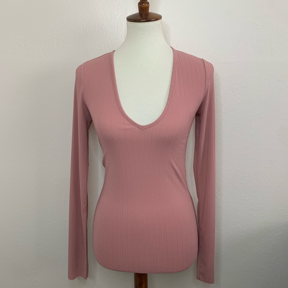Rag & Bone Size S Zoe Deep Vee V-Neck Long Sleeve Top Ribbed Crepe Form Fitting